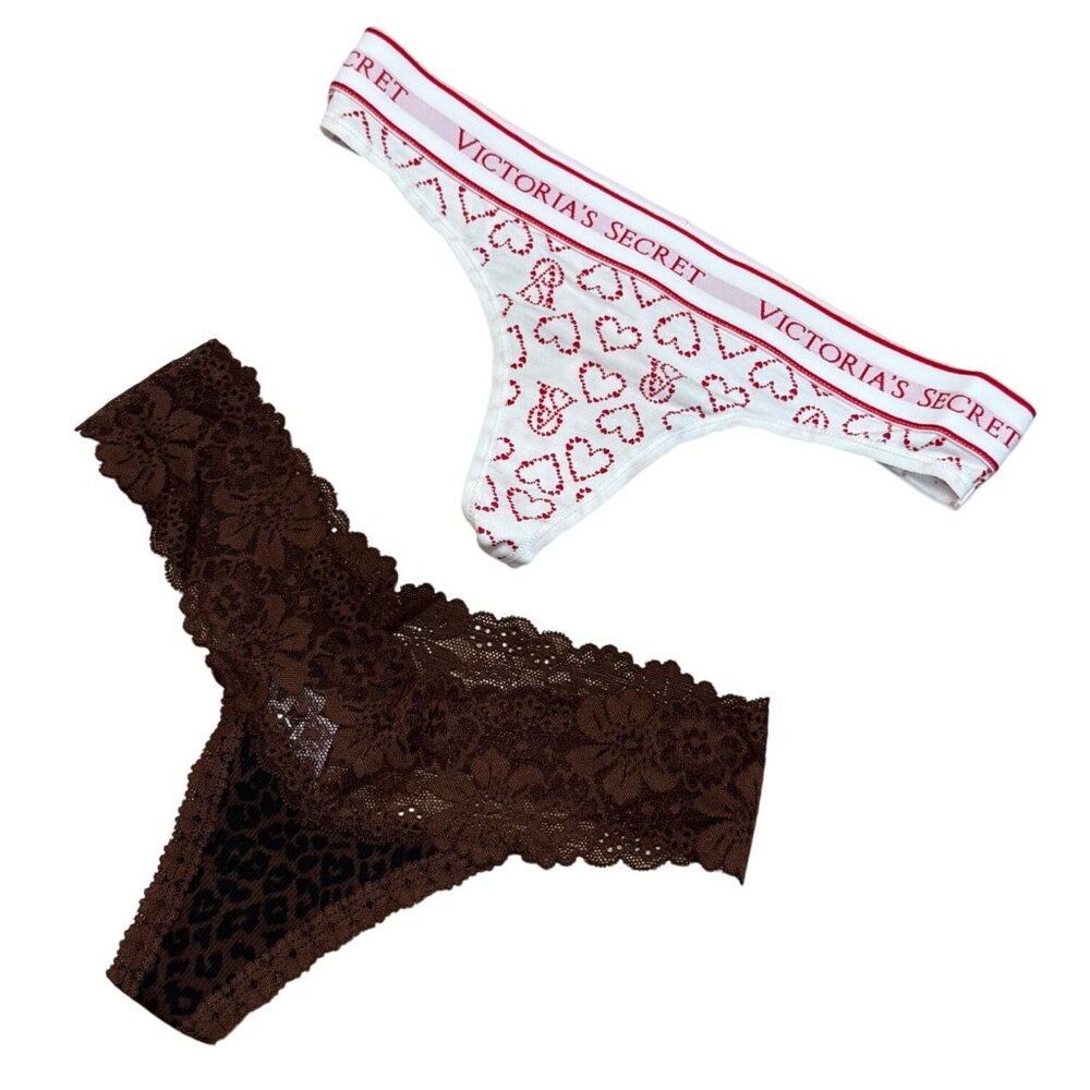 Victorias Secret Womens XS Thong Set Lace & Print Brown Leopard & White Red Hear